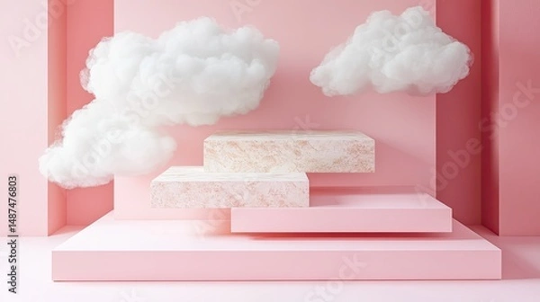 Fototapeta Pink platform display with floating clouds.