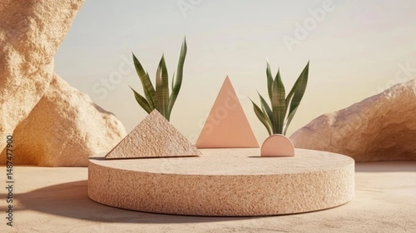 Fototapeta A beige geometric display featuring plants and abstract forms.