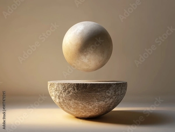 Fototapeta Abstract representation of a sphere suspended above a shallow bowl.