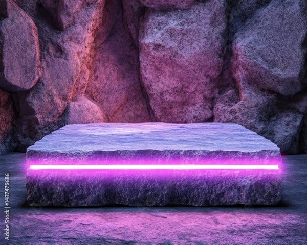 Fototapeta Empty stone platform illuminated by vibrant light.