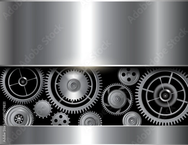 Fototapeta Silver black background shiny with technology gears, 3D idustrial style design.