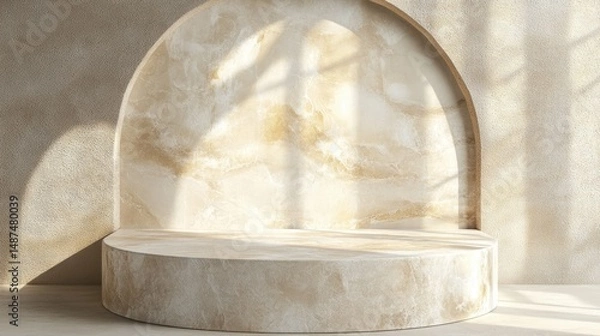 Fototapeta Beige, minimalist pedestal display stage with arch.