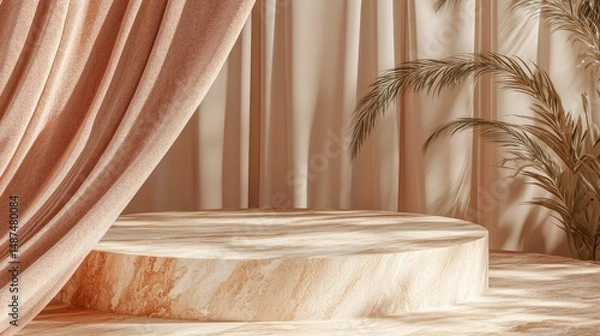 Fototapeta Elegant, light-toned, wooden podium backdrop with curtains and palm leaves.