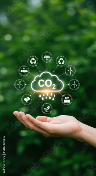 Obraz Go Green: Sustainable Energy Solutions & CO2 Reduction. Clean Future on Your Hand. Save Planet Now!