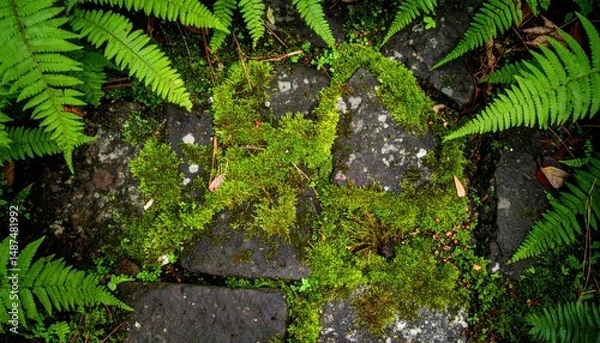 Fototapeta Exploring tranquil moss-covered pathway nature scene close-up view lush green environment for relaxation