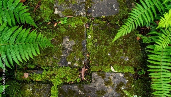 Fototapeta Exploring a moss-covered pathway forest floor nature scene lush environment overhead view tranquility