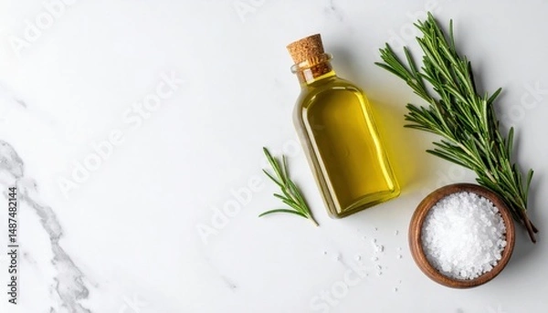 Fototapeta Creating flavorful dishes olive oil and rosemary kitchen food styling bright top-down view culinary inspiration