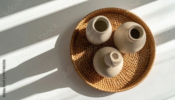 Fototapeta Decorative ceramic vases on woven tray minimalist home decor bright natural light aesthetic viewpoint