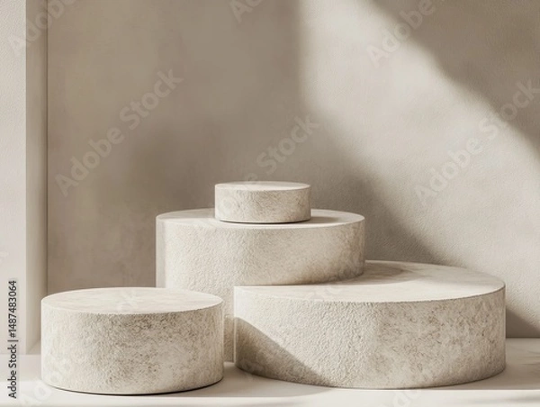 Fototapeta Stacked, light beige, round display pedestals in a  setting.