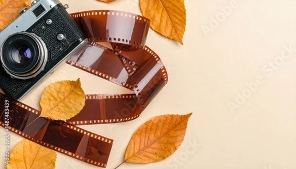 Fototapeta Vintage camera with film and autumn leaves photography setup studio aesthetic close-up creative concept