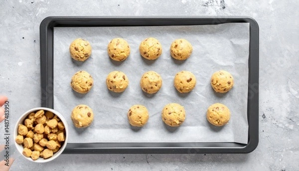 Fototapeta Baking delicious cookie dough balls kitchen food photography bright setting top-down view culinary art