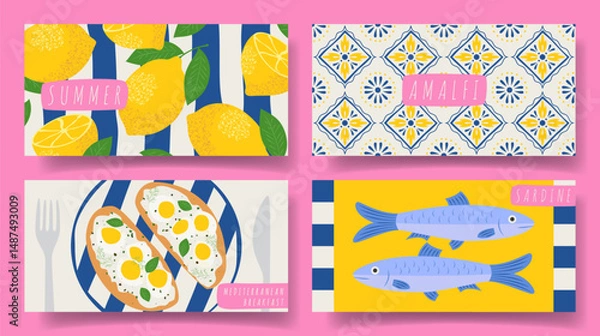 Obraz Collection of horizontal summer banners. Vector illustration with bright cards with sardines, lemons, Italian Mediterranean tiles, breakfast. Concept backgrounds for party, holiday, event, invitation.