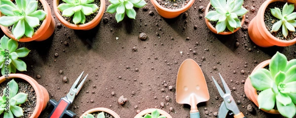 Obraz Planting succulents in terracotta pots with gardening tools on a brown soil surface during summer