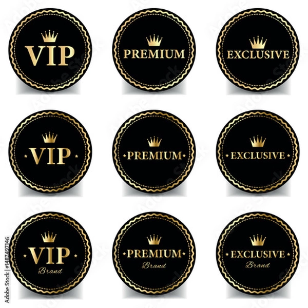 Fototapeta Set of round luxury gold VIP labels or premium quality stickers, VIP certificates and tags on black badges. Vector illustration isolated on white background