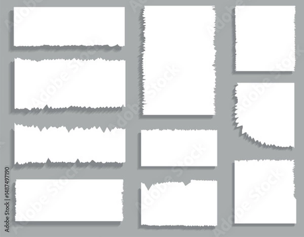 Fototapeta Collection of set of white paper sheets with torn paper effect and realistic shadow effect, isolated vector illustration
