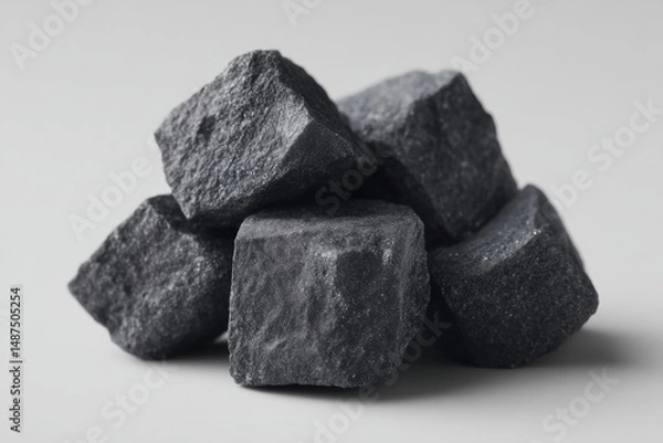 Fototapeta minimalistic arrangement of coal chunks on clean white background showcasing their texture and form with ample copy