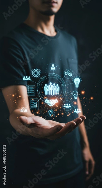 Obraz Business Growth: Man Holds Teamwork, Strategy, & Innovation Icons. Digital Transformation & Collaboration Concept.