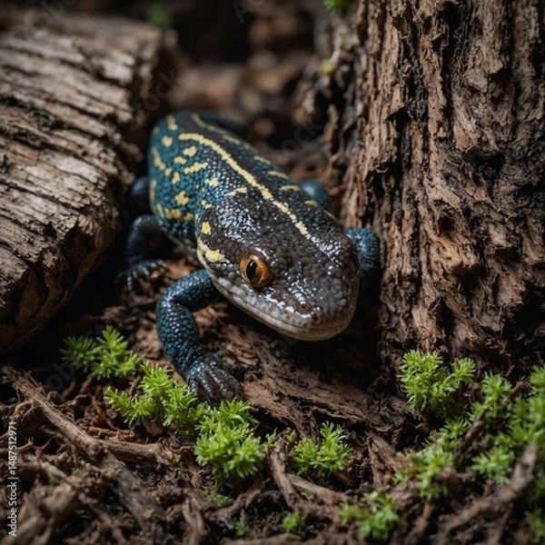 Obraz A salamander curled under bark, pure background