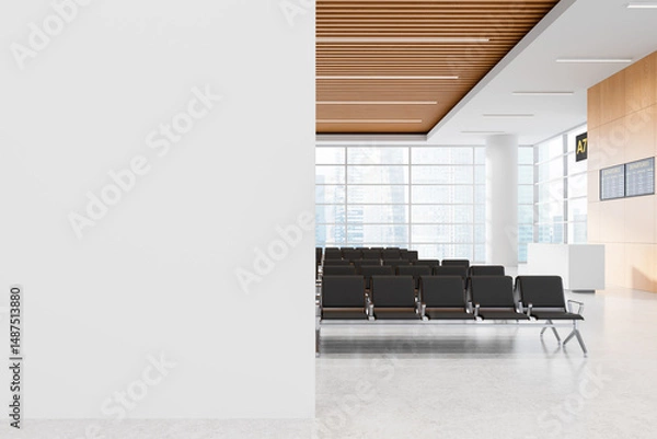 Fototapeta Blank wall mockup in modern airport terminal interior with clean seating layout and bright space for creative poster or display concept template. 3D Rendering