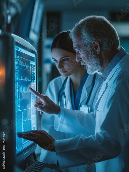 Obraz Older nurse and young intern reviewing digital patient chart on touchscreen monitor at nurse station, medical instruments in background. High-tech, human-centered care with cool blue and chrome tones