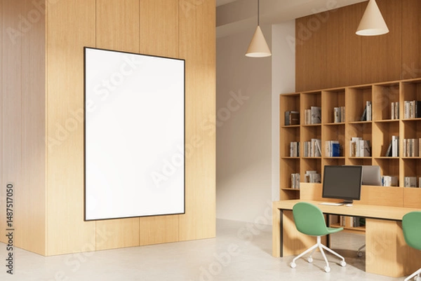 Fototapeta Modern interior with blank vertical poster mockup on wooden wall near minimalist office desk and bookshelf in bright workspace setting. 3D Rendering
