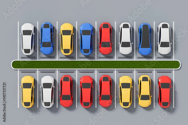 Fototapeta Top view of colorful cars parked in a symmetrical parking lot with a green divider on a gray background. 3D Rendering