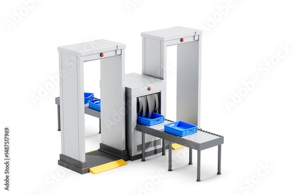 Fototapeta Airport security checkpoint with conveyor belt scanner and metal detector gates on white background. Modern safety inspection concept setup. 3D Rendering