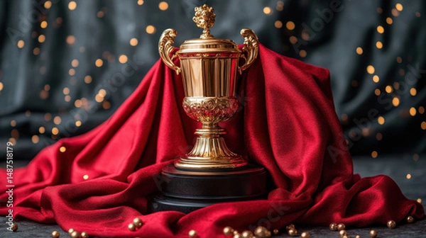 Fototapeta Golden Trophy on Elegant Red Fabric with Dazzling Background