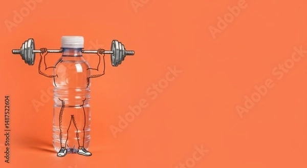Obraz Creative exercise concept with water bottle lifting weights on orange background