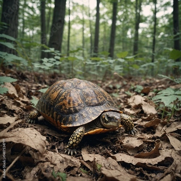 Fototapeta A box turtle burrowed in forest floor, white tone