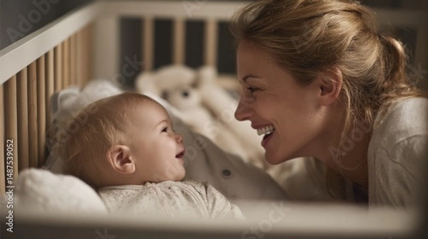 Obraz Happy mother and child bonding during quiet crib time, laughter and eye contact shared.