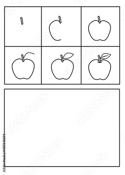 Obraz Apple drawing tutorial. A step-by-step guide to drawing a simple Apple. Ideal for kids learning to sketch pencil. Directed drawing for kids, i can draw activity