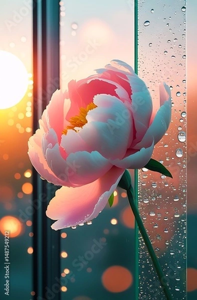 Obraz Pink rose on water, rose in front of sun glass window