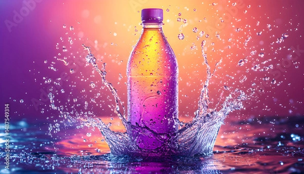 Fototapeta A vibrant energy drink bottle surrounded by colorful bubbles and splashes, radiating dynamic energy
