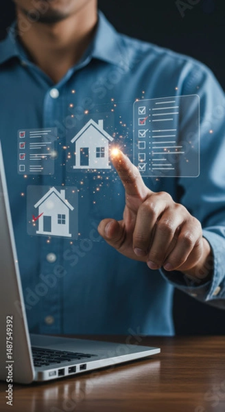 Fototapeta Smart Home Search: Man Selecting Property Features Online. Real Estate Tech, Investment & Inspections with Digital Checklist on Laptop