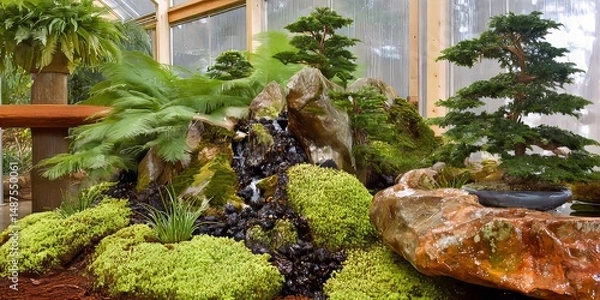Fototapeta Miniature Zen Garden Landscape: Indoor Botanical Art with Waterfall and Mossy Rocks, Featuring Miniature Trees and Tropical Plants for a Peaceful Natural Scene and Rejuvenating Atmosphere