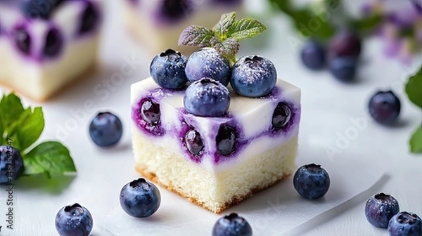 Obraz Flowers bloom vines scene style, realistic high quality, Blueberry muffin mix mini cake with purple and white colour scheme, white background tablecloth