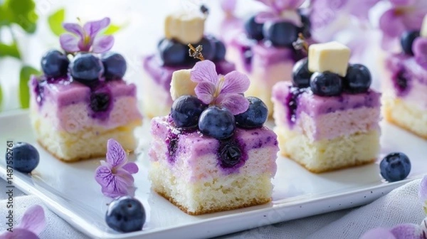 Obraz Flowers bloom vines scene style, realistic high quality, Blueberry muffin mix mini cake with purple and white colour scheme, white background tablecloth
