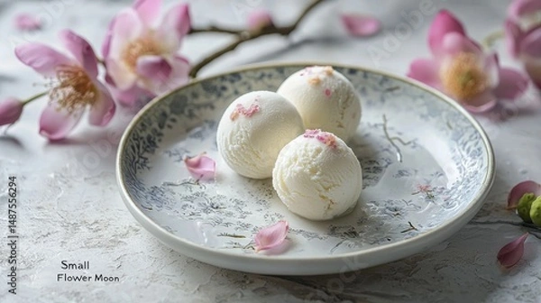 Obraz High-definition photography of white lotus ice cream, Chinese-style food with exquisite details and a fine texture on the plate. The pastel colors create 