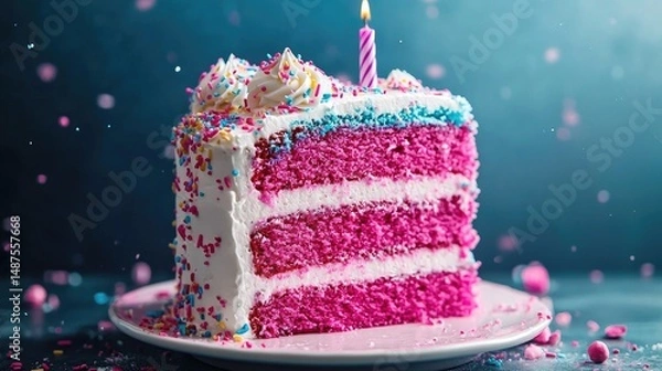 Obraz magenta and blue ,slice of birthday cake, ultra realistic, studio lighting, plain background,