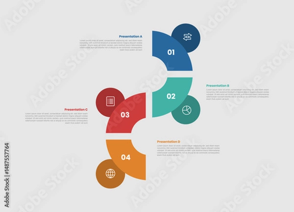 Fototapeta 4 stage infographic diagram with wave line left and right vertical standing with 4 step for slide presentation