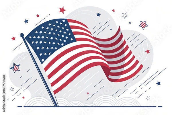 Obraz Stylized American Flag Illustration with Patriotic Elements and Sky Background