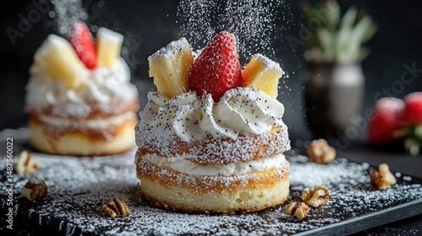 Obraz poppy seed and walnut filled fluffy cakes, sugar powder, strawberry, milk foam, pineapple creme, pineapple piexes, studio commercial photo