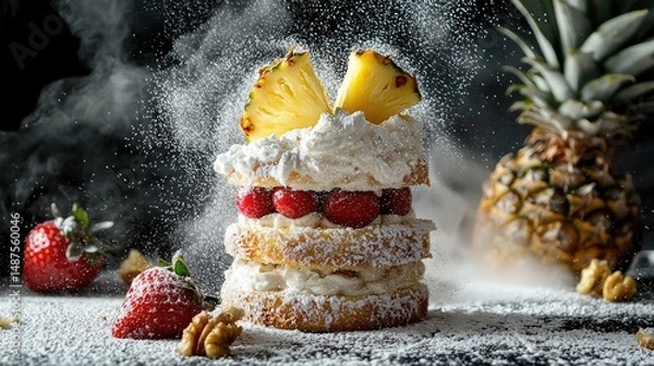Obraz poppy seed and walnut filled fluffy cakes, sugar powder, strawberry, milk foam, pineapple creme, pineapple piexes, studio commercial photo