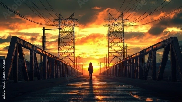 Obraz Poster for the anime "30. It depicts Kiko standing alone on a bridge in the early morning, her back to the viewer, facing the two power lines leading