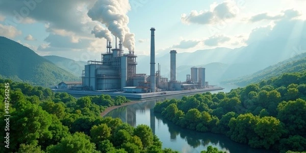 Fototapeta A factory on a riverbank with smoke stacks