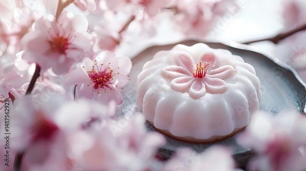 Obraz Spring breeze caresses the face, peach blossoms bloom, with Peach Blossom Ejiao Cake placed elegantly among the flowers, symbolizing youth and vitality