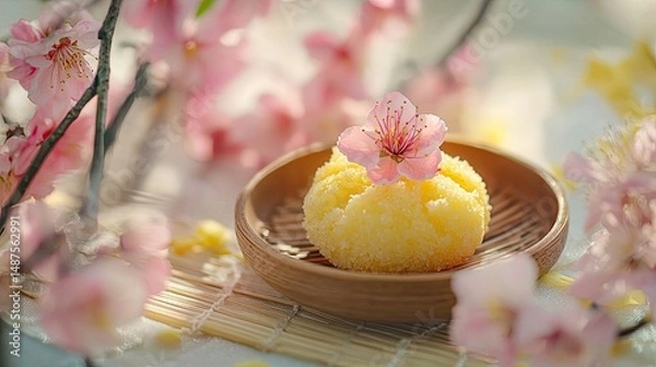 Obraz Spring breeze caresses the face, peach blossoms bloom, with Peach Blossom Ejiao Cake placed elegantly among the flowers, symbolizing youth and vitality