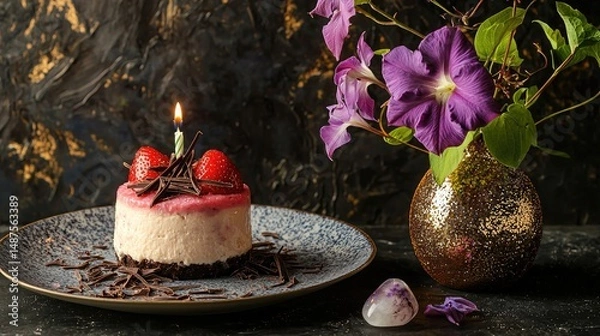 Obraz Strawberry cheesecake and shaved dark chocolate, birthday candle, a vase with purple and gold morning glories, a moonstone wrap lays on the table, fine dining, culinary photography