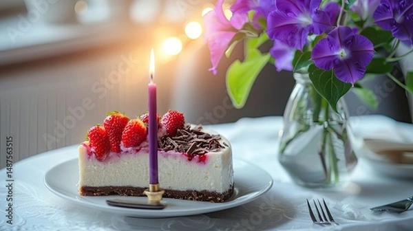 Obraz Strawberry cheesecake and shaved dark chocolate, birthday candle, a vase with purple and gold morning glories, a moonstone wrap lays on the table, fine dining, culinary photography
